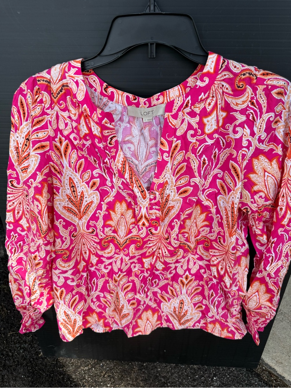 LOFT Pink and Orange Paisley Split-Neck Blouse